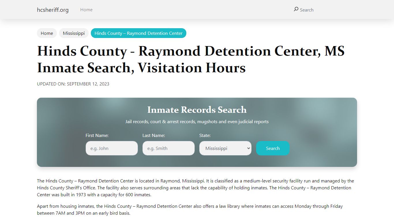 Hinds County - Raymond Detention Center , MS Inmate Search, Visitation ...